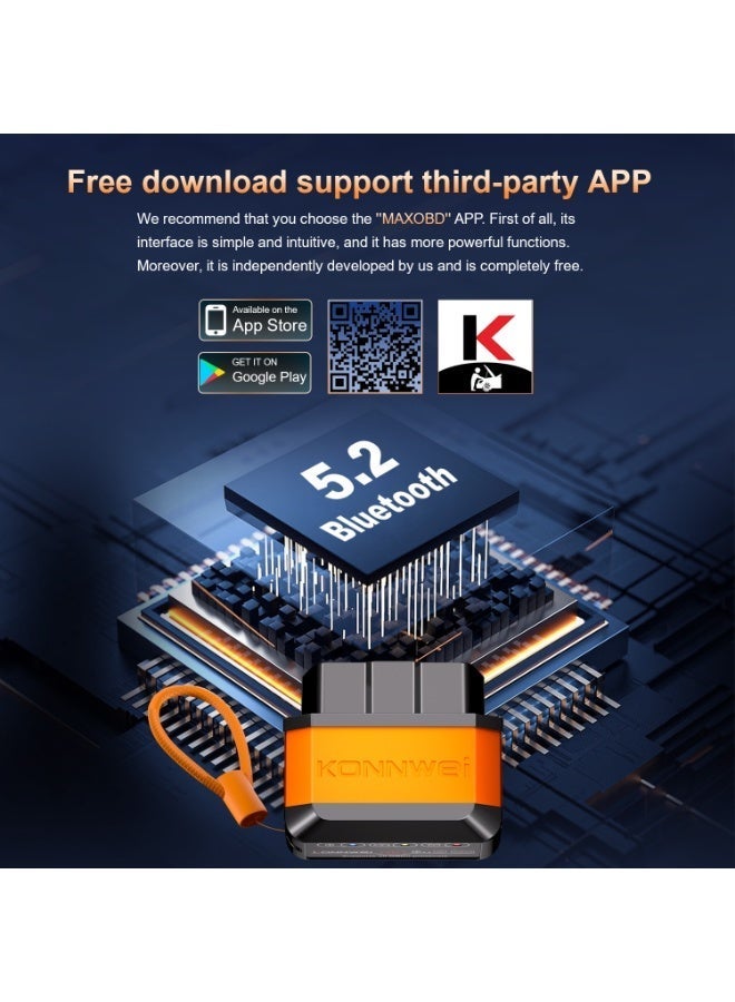 Konnwei ماسح OBD2 بلوتوث 5.2، أداة تشخيص السيارات اللاسلكية Fixd، تعمل مع iOS/Android، قارئ رموز محرك السيارة، مسح رمز الخطأ، اختبار الأداء، مناسبة لـ 99% من السيارات - Image 5
